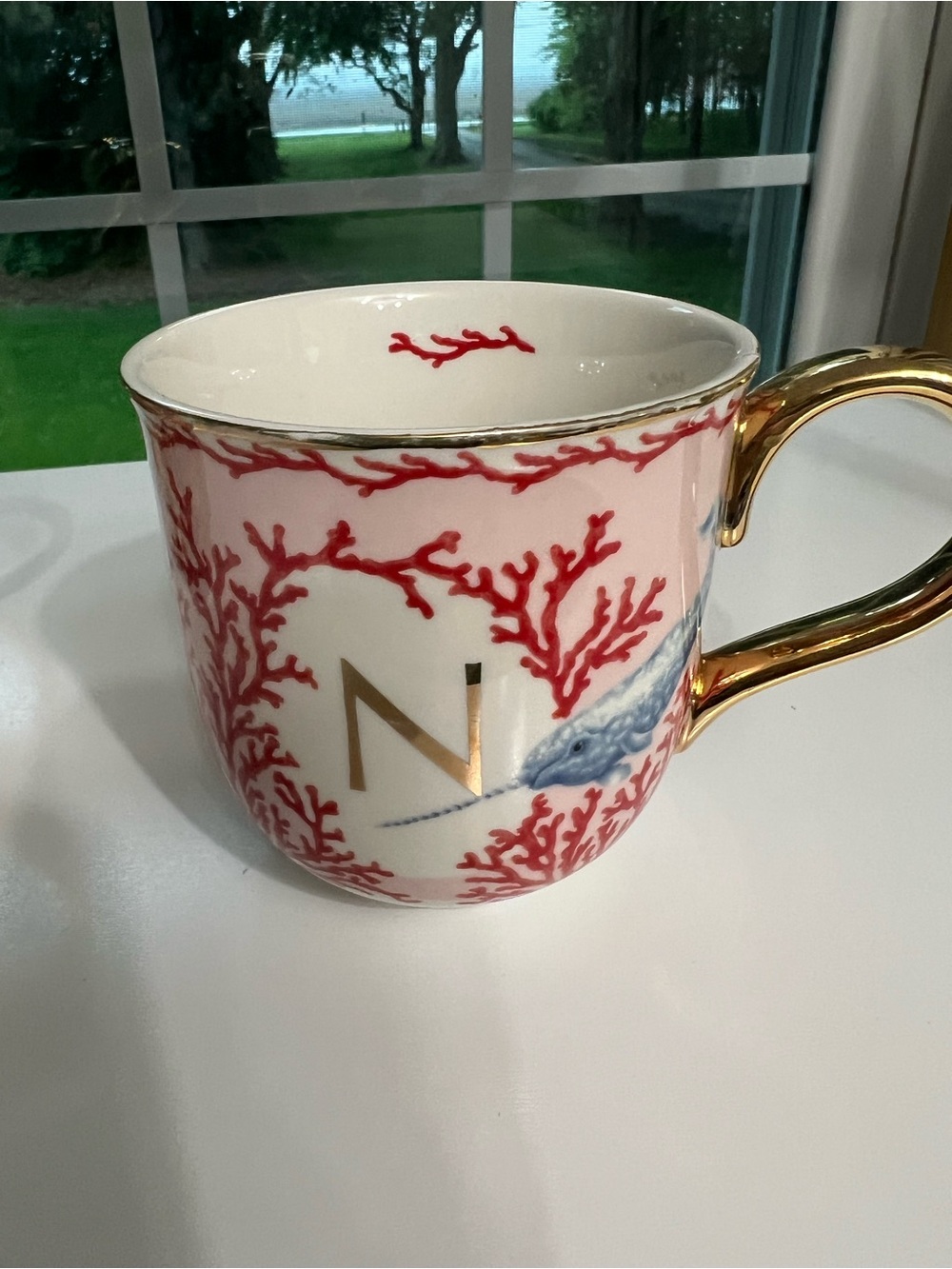 Anthropologie Coral Reef Porcelain Mug with Gold Handle and Initial N